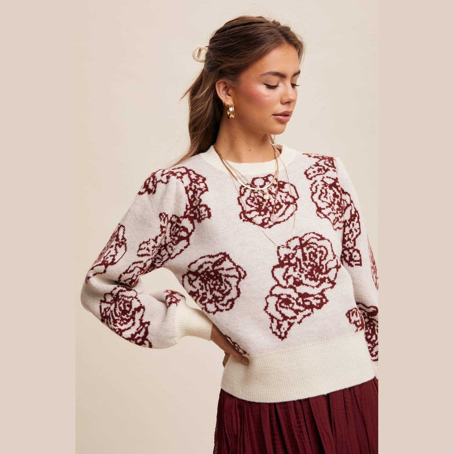 Floral Jacquard Puff-Sleeve Sweater