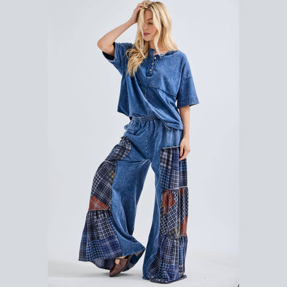 Mineral Washed Tiered Plaid Wide Flare Pants