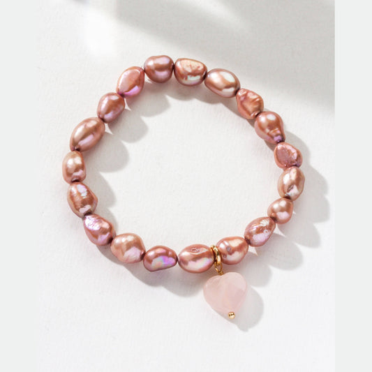 Sweetheart Charm Stretch Bracelet- Cultured Freshwater Pearl, Rose Quartz
