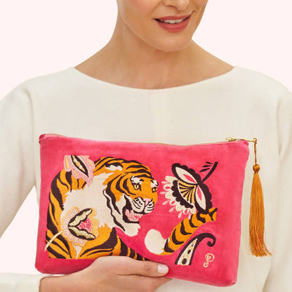 Velvet Embroidered Zip Pouch - Thrill of the Tiger