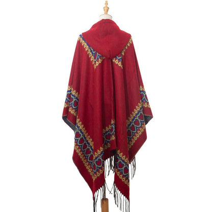 Heart crochet faux wool hooded sweater ruana wrap shawl