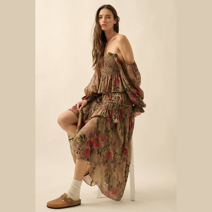 Floral-Print Smocked Drop-Waist Ruffle Maxi Skirt