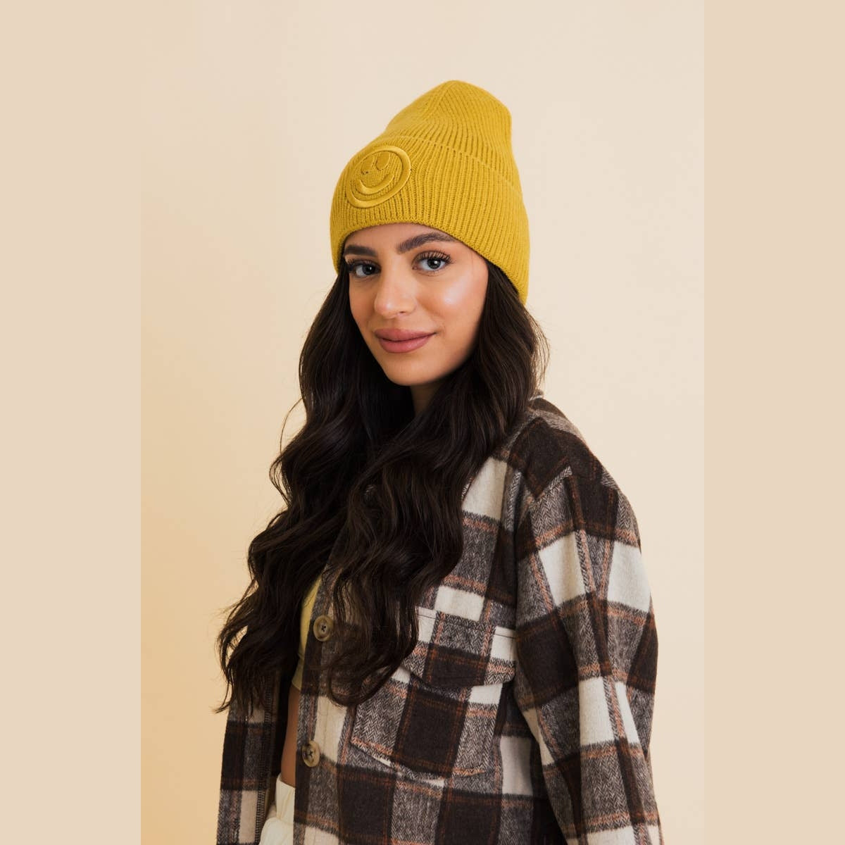 Happy Face Embroidered Ribbed Knit Beanie