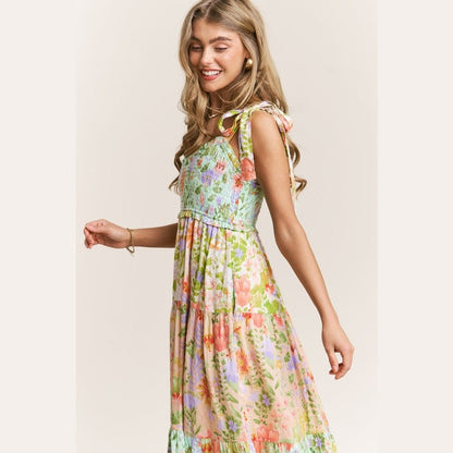 Patsy Smocked V-neck Tiered Multi Print Dress