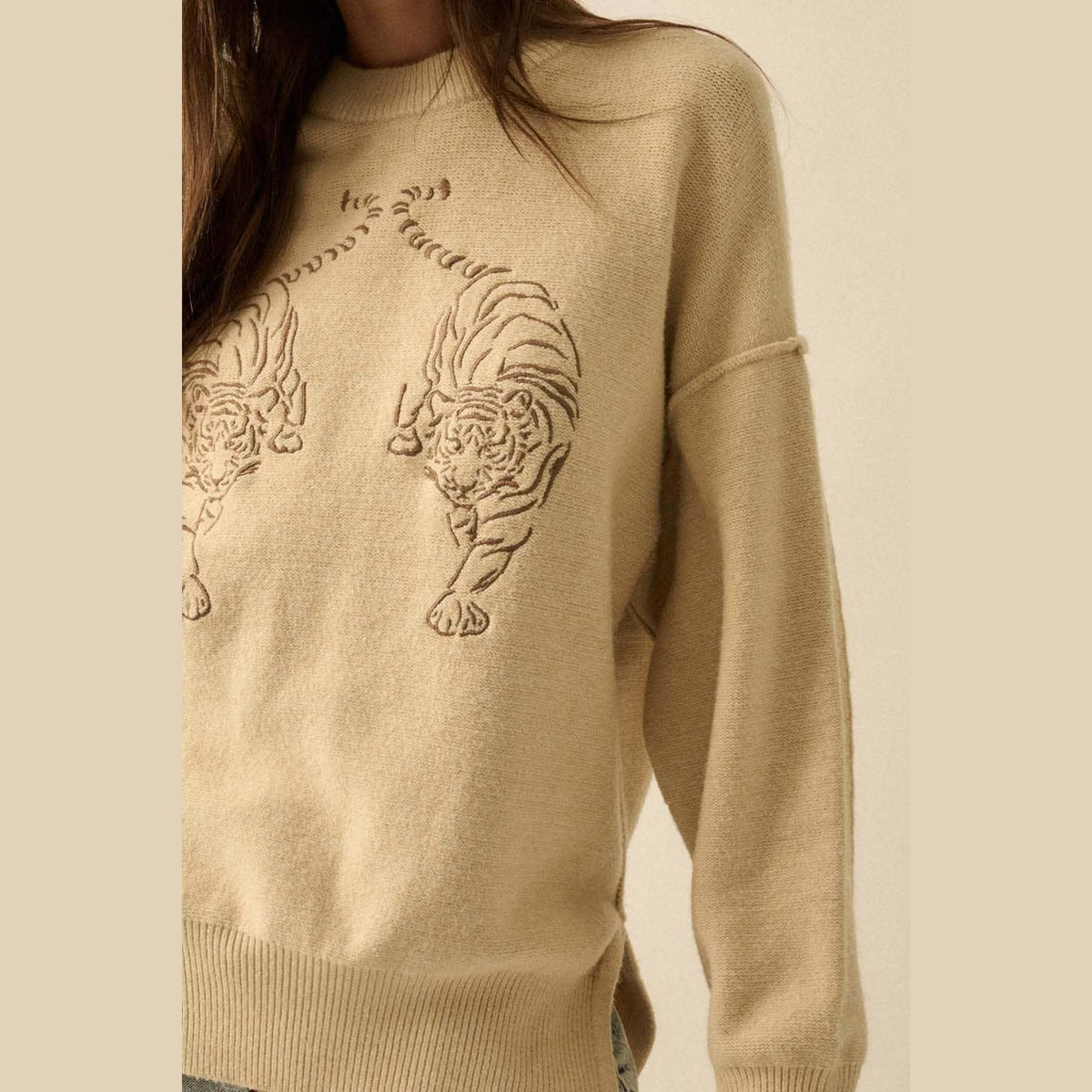 Embroidered Tigers Solid Knit Exposed-Seam Sweater - The Feral Market