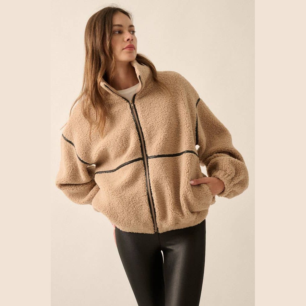Faux Leather-Trimmed Sherpa Fleece Zip-Up Jacket