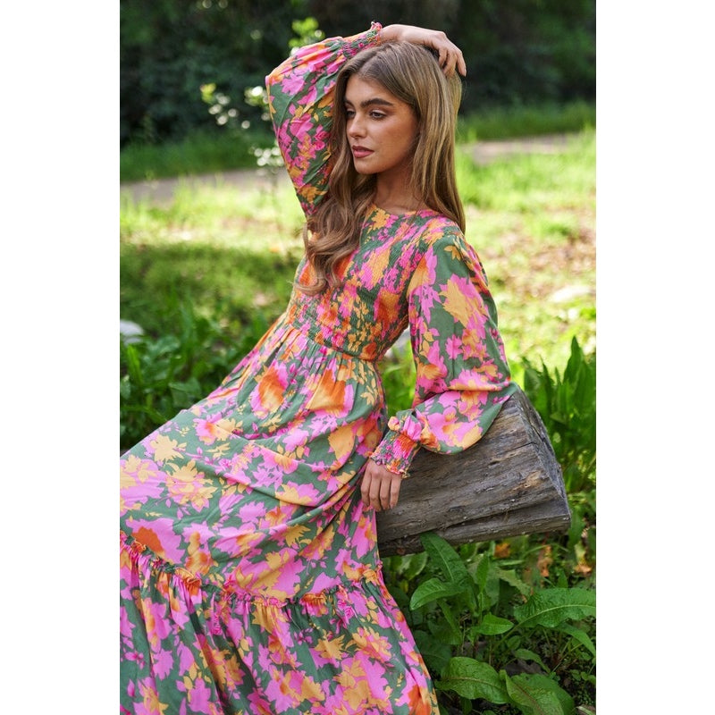Chloe Smocked Bodice Long Balloon Sleeve Maxi Dress - Bright Floral / Large Chloe Smocked Bodice Long Balloon Sleeve Maxi Dress - Bright Floral / Large