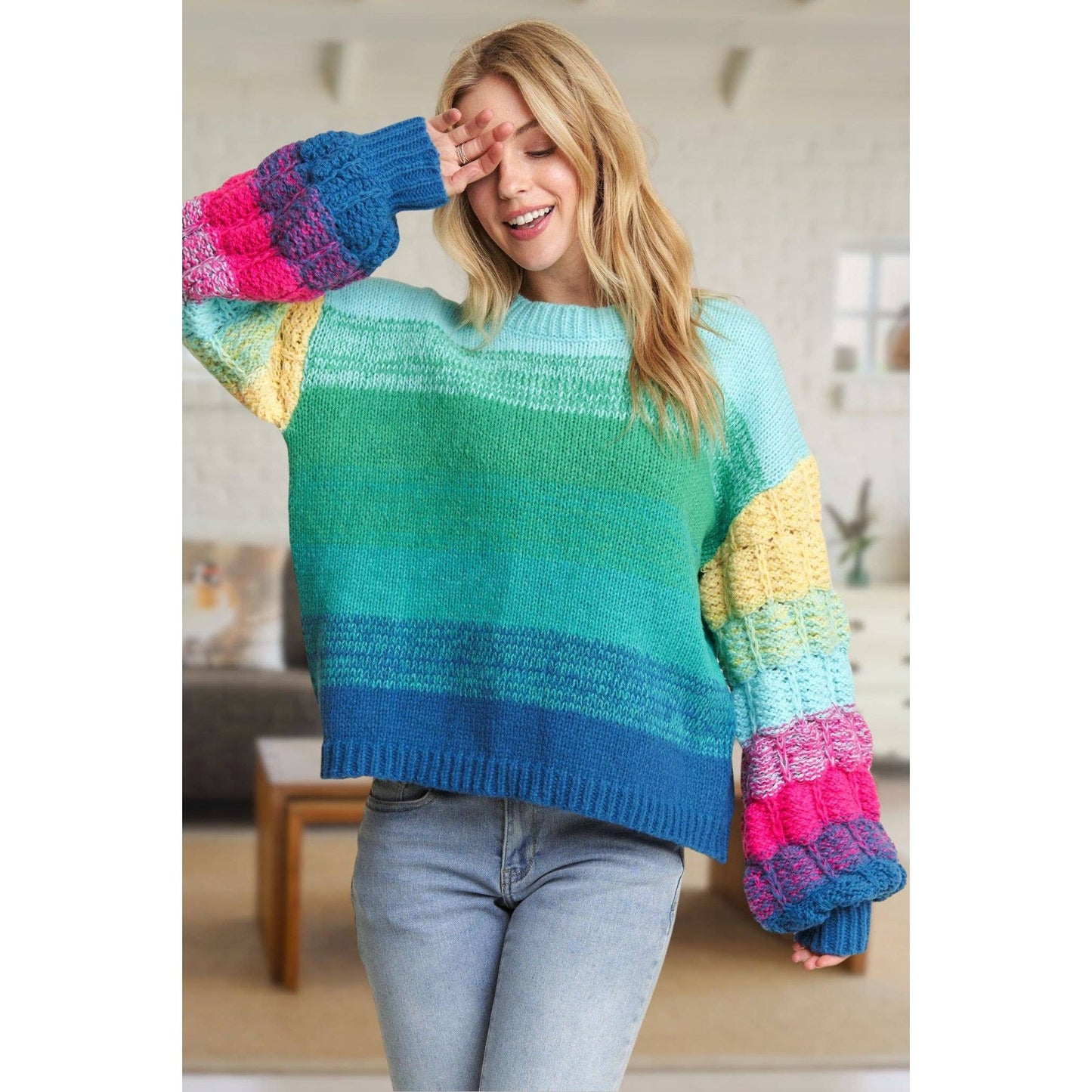 Rainbow Puff Sleeve Sweater