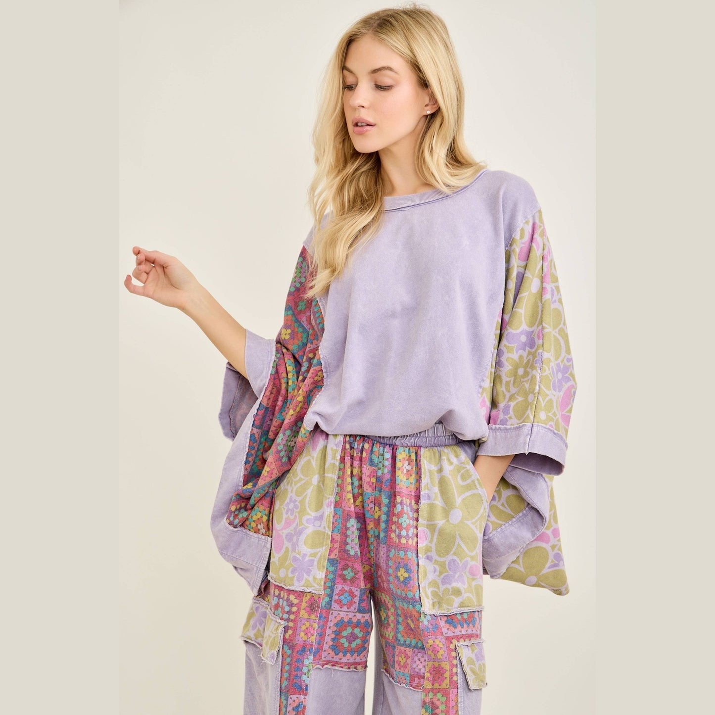 Mineral Washed Crochet Flower Printed Poncho