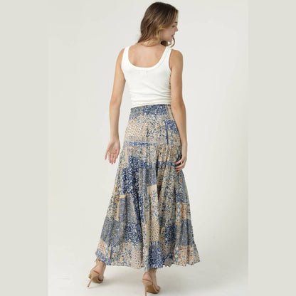 SMOCKED WAISTBAND PATCHWORK PRINT A LINE TIERED M - The Feral Market