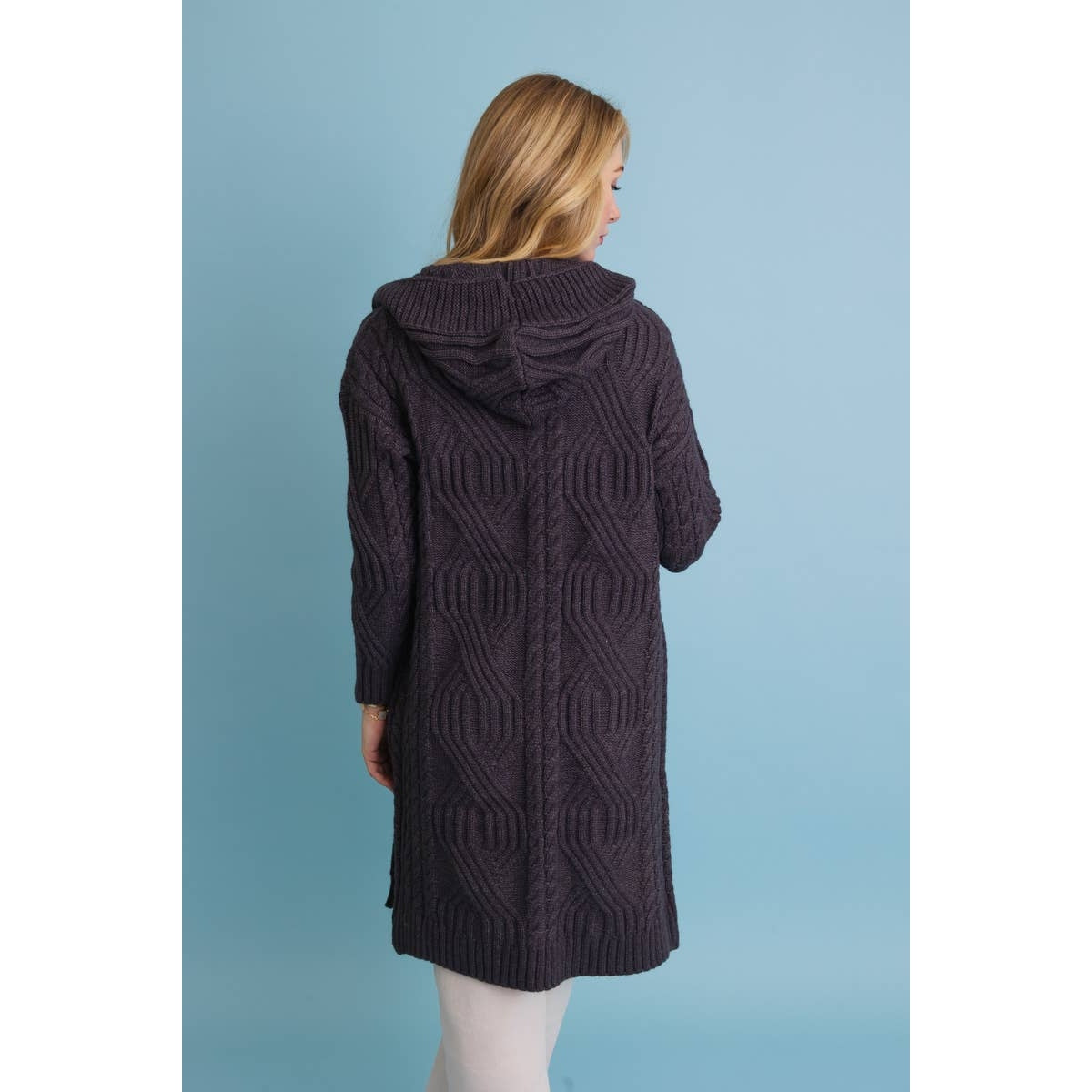 Cable Knit Hooded Cardigan with Large Buttons