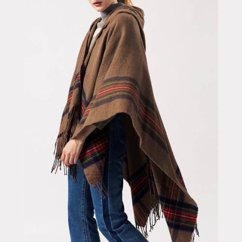 Classic plaid faux wool tartan hooded ruana fringed shawl