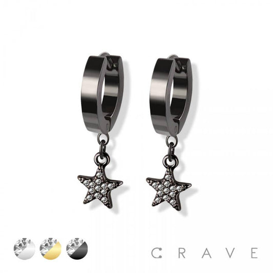 SS EARRINGS WITH ALLOY CZ PAVED STAR DANGLE