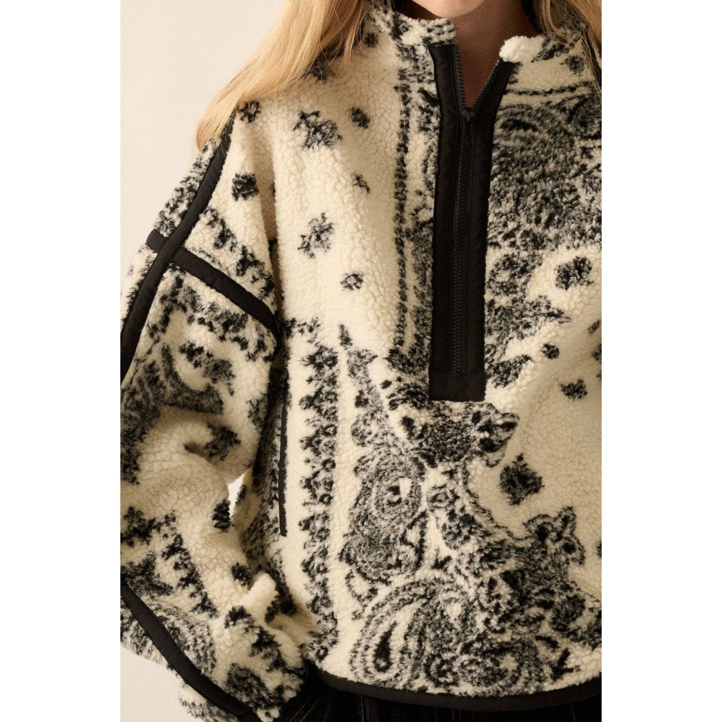 Floral Sherpa Fleece Half-Zip Pullover Jacket