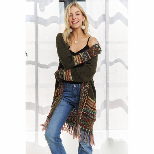 Fringe Hem Multicolor Cardigan