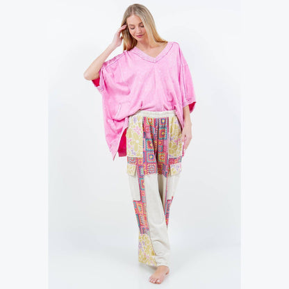 Mineral Wash Boho Crochet Floral Printed Pants