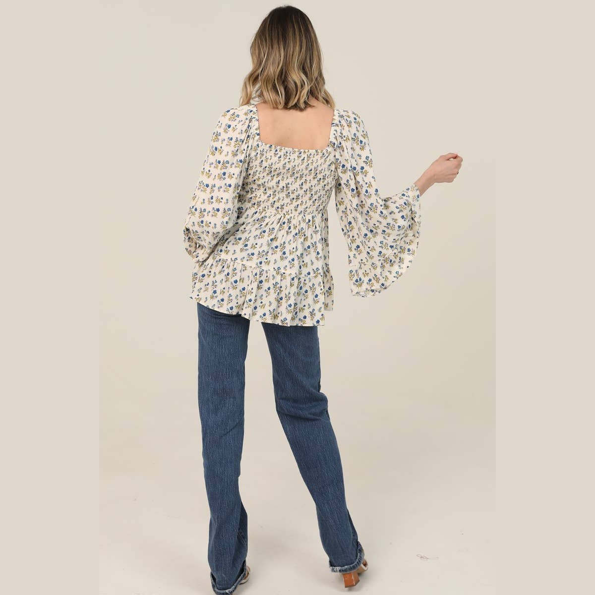 V NECK SMOCKED BUST LACE TRIM WIDE BELL SLEEVE PR