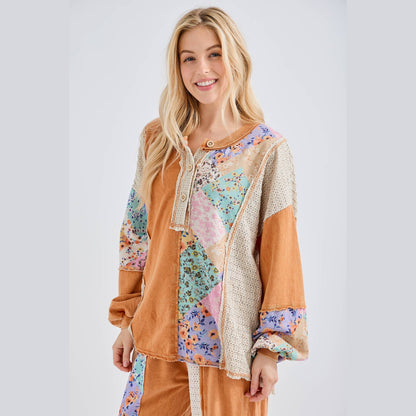 Mineral Washed Floral WaveKnit Jacquard Boho Top