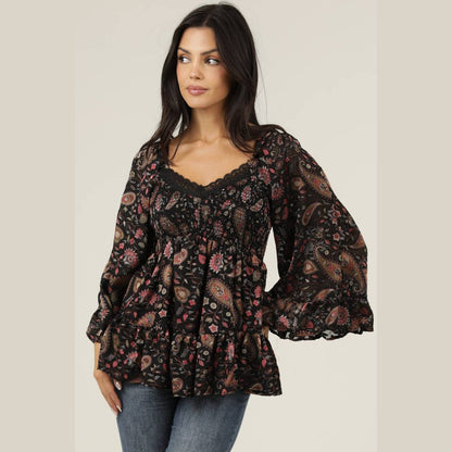 BURNOUT SATIN BELL SLEEVE LACE TRIM BLOUSE