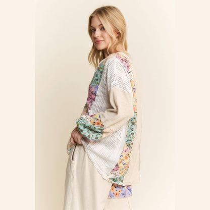 Mineral Washed Floral WaveKnit Jacquard Boho Top