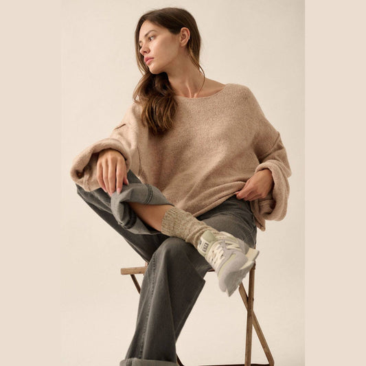 Solid Textured Knit Exposed-Seam Loose-Fit Sweater