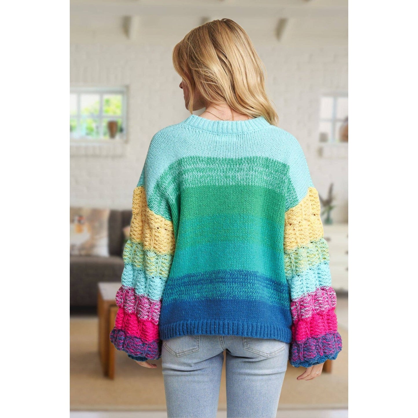 Rainbow Puff Sleeve Sweater