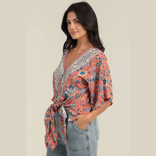 Coral Boho Flowy Top with Waist Tie