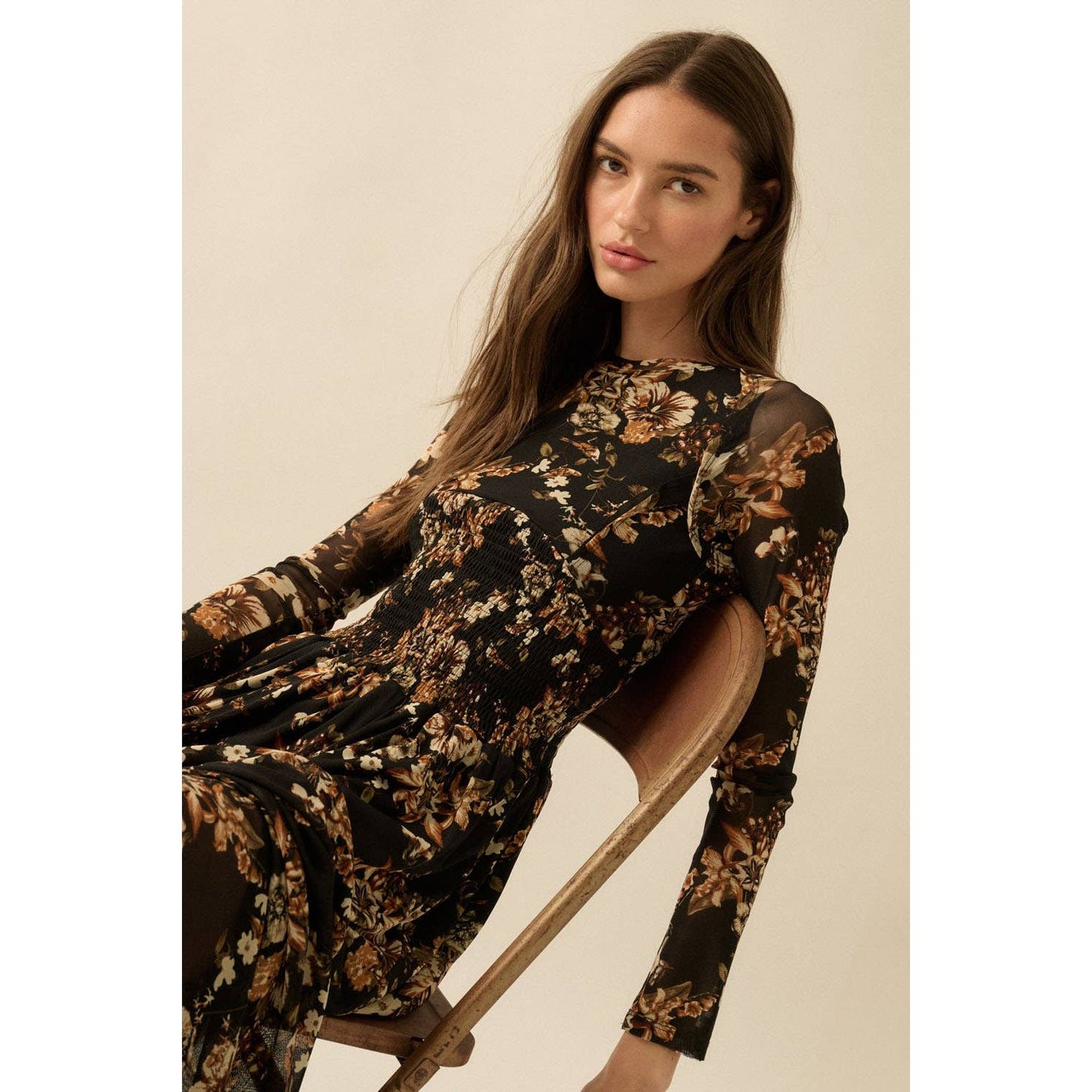 Floral Mesh Smocked Long-Sleeve Midi Dress