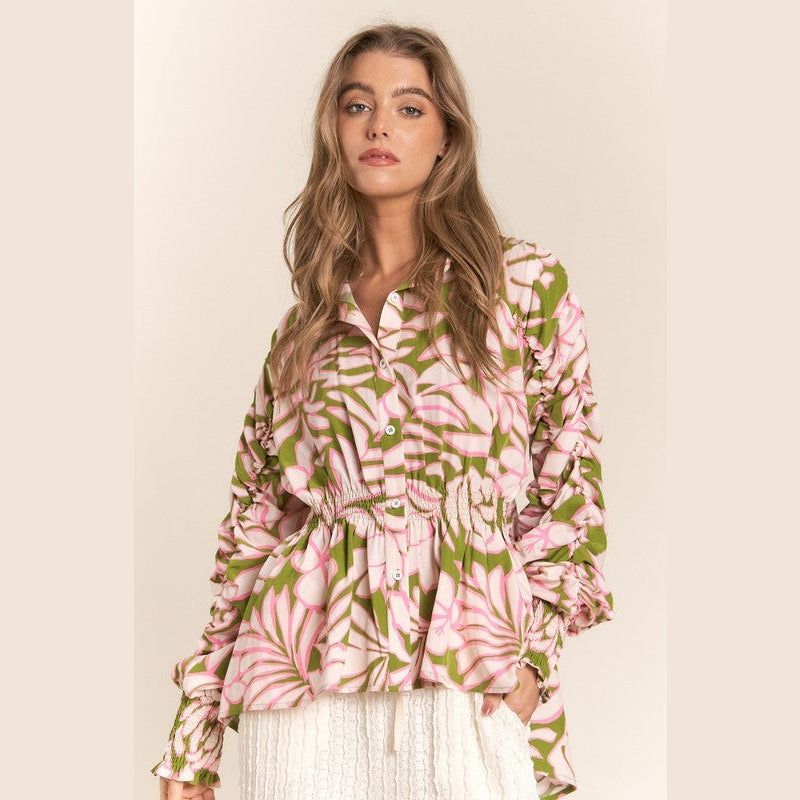 Floral Ruched Sleeve High Low Button Down Top