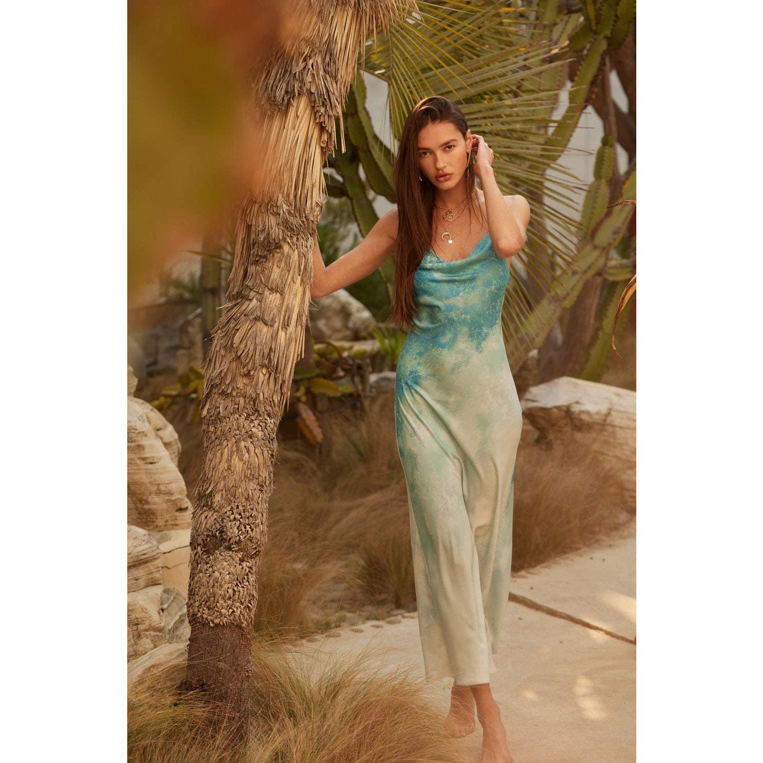 Tie Dye-Print Satin Bias-Cut Maxi Dress - BLUE / L Tie Dye-Print Satin Bias-Cut Maxi Dress - BLUE / L