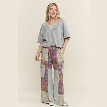 Mineral Wash Boho Crochet Floral Printed Pants