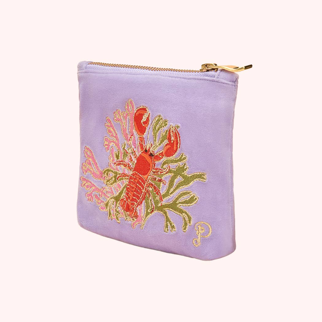Velvet Embroidered Mini Pouch - Lobster Buddies, Lavender - The Feral Market