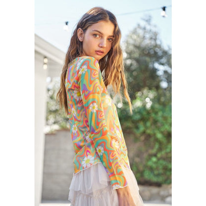 Groovy Daisy Multi-color Swirl Long Sleeve Mesh Top