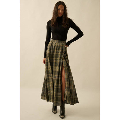 Plaid Flannel Pleated Wrapped Raw-Edge Maxi Skirt