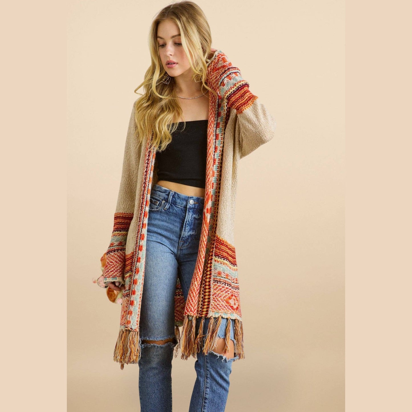 Fringe Hem Multicolor Cardigan