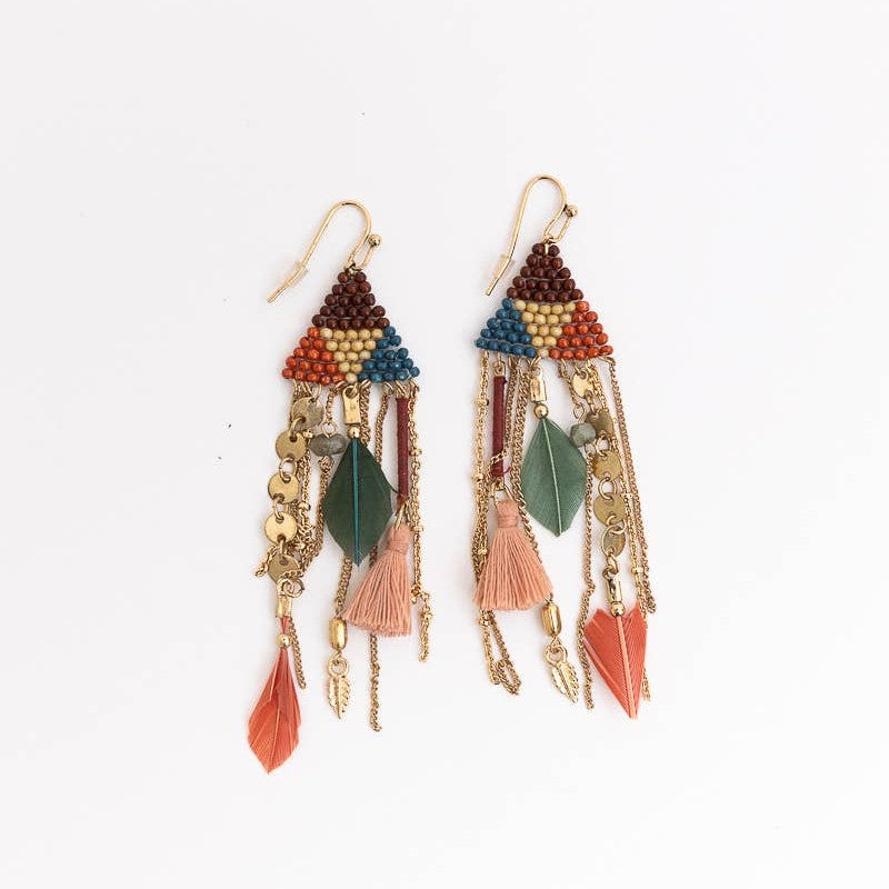 Boho Dreams Beads & Feathers Cascade Earrings