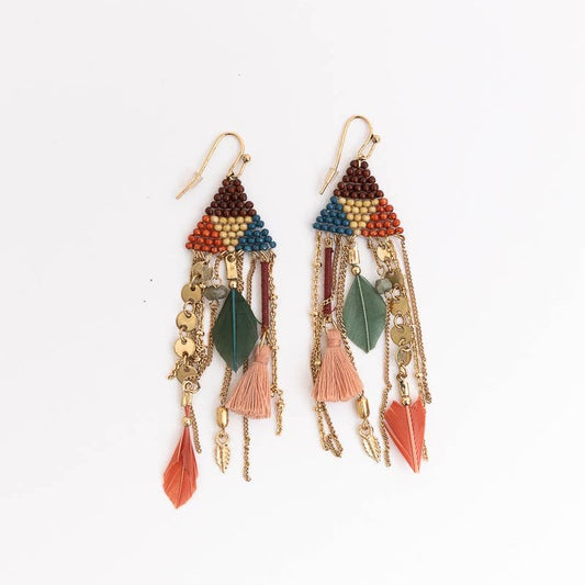 Boho Dreams Beads & Feathers Cascade Earrings