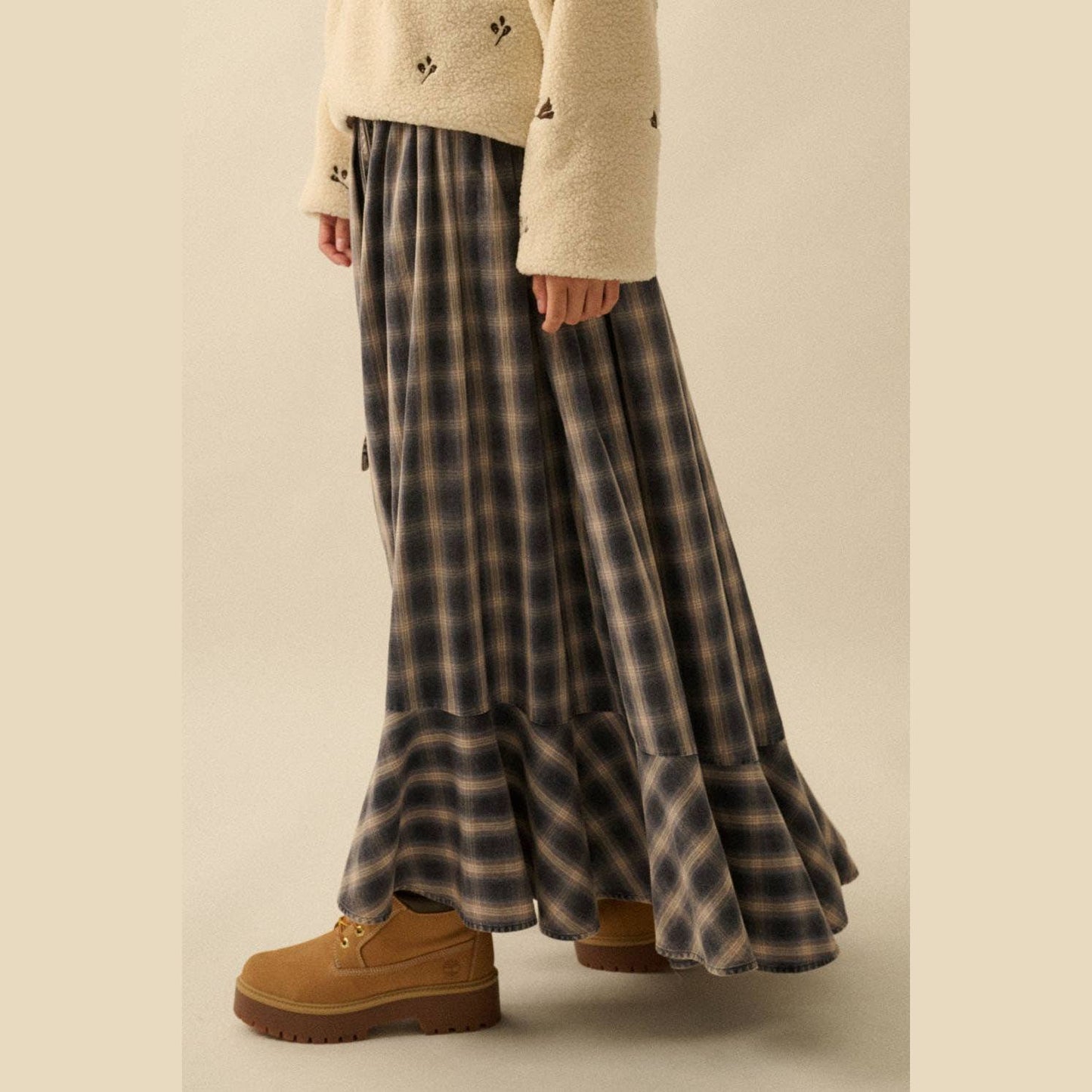 Plaid Flannel Button-Front Drawstring Maxi Skirt