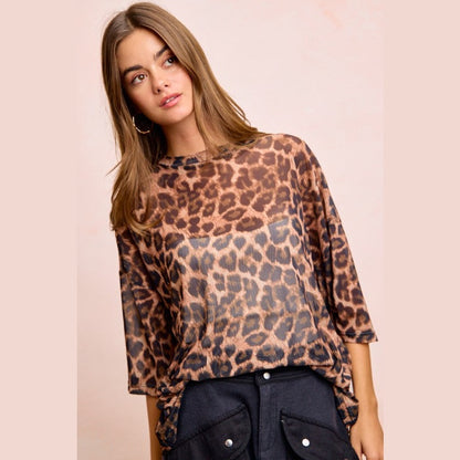 Leopard Print Short Sleeves Boxy Mesh Top