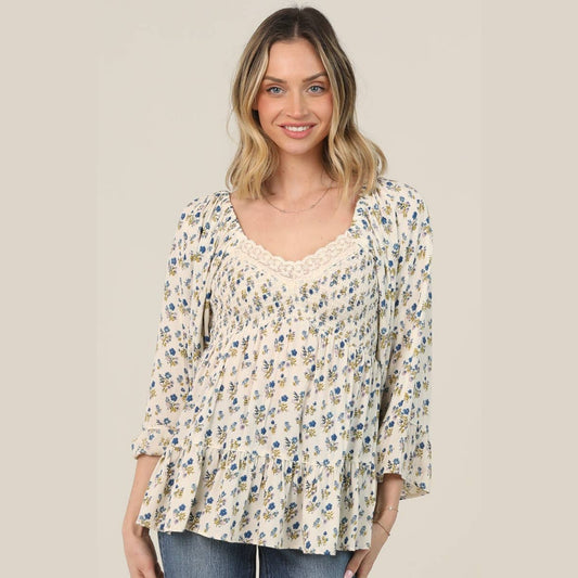 V NECK SMOCKED BUST LACE TRIM WIDE BELL SLEEVE PR