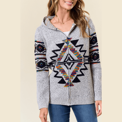Hooded Marled Boho Print Zip Front Cardigan