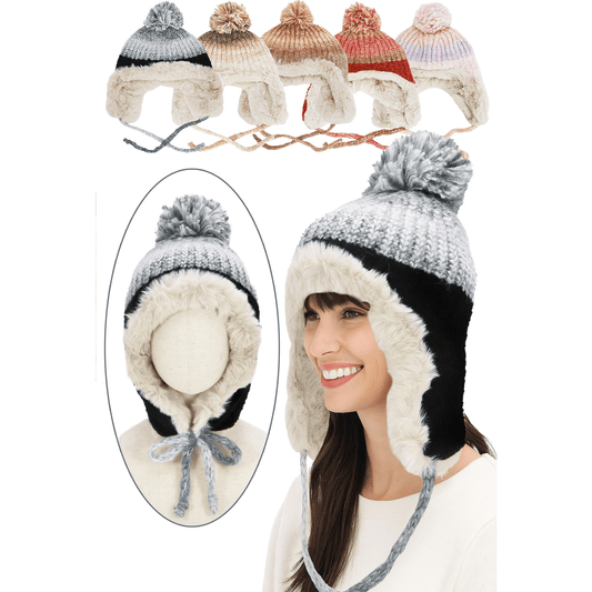 Ombre Knit Faux Fur Pom Pom Trapper Hat