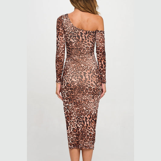 Leopard Pleated Off-Shoulder Midi Dress