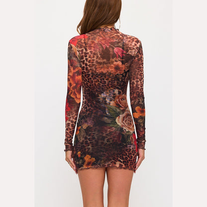 Floral Leopard Mock Neck Long Sleeve Mini Dress