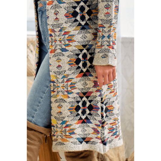 Hooded Boho Assymetric Print Open Front Cardigan