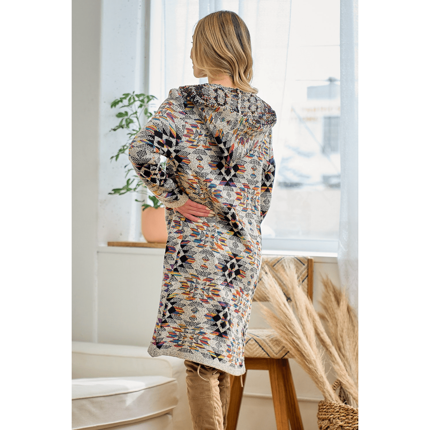 Hooded Boho Assymetric Print Open Front Cardigan