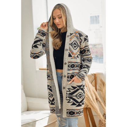 Sweater Hooded Long Cardigan W/ Sherpa Lining