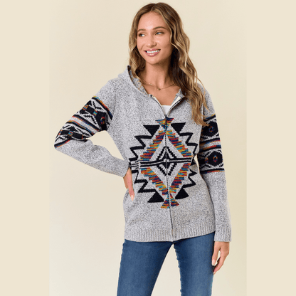Hooded Marled Boho Print Zip Front Cardigan
