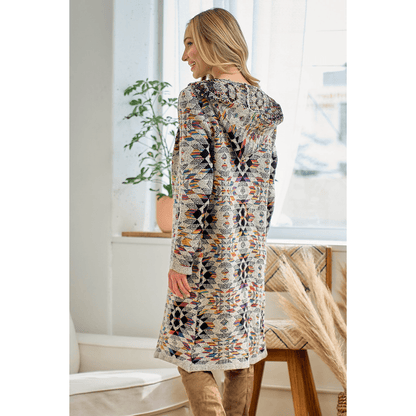 Hooded Boho Assymetric Print Open Front Cardigan