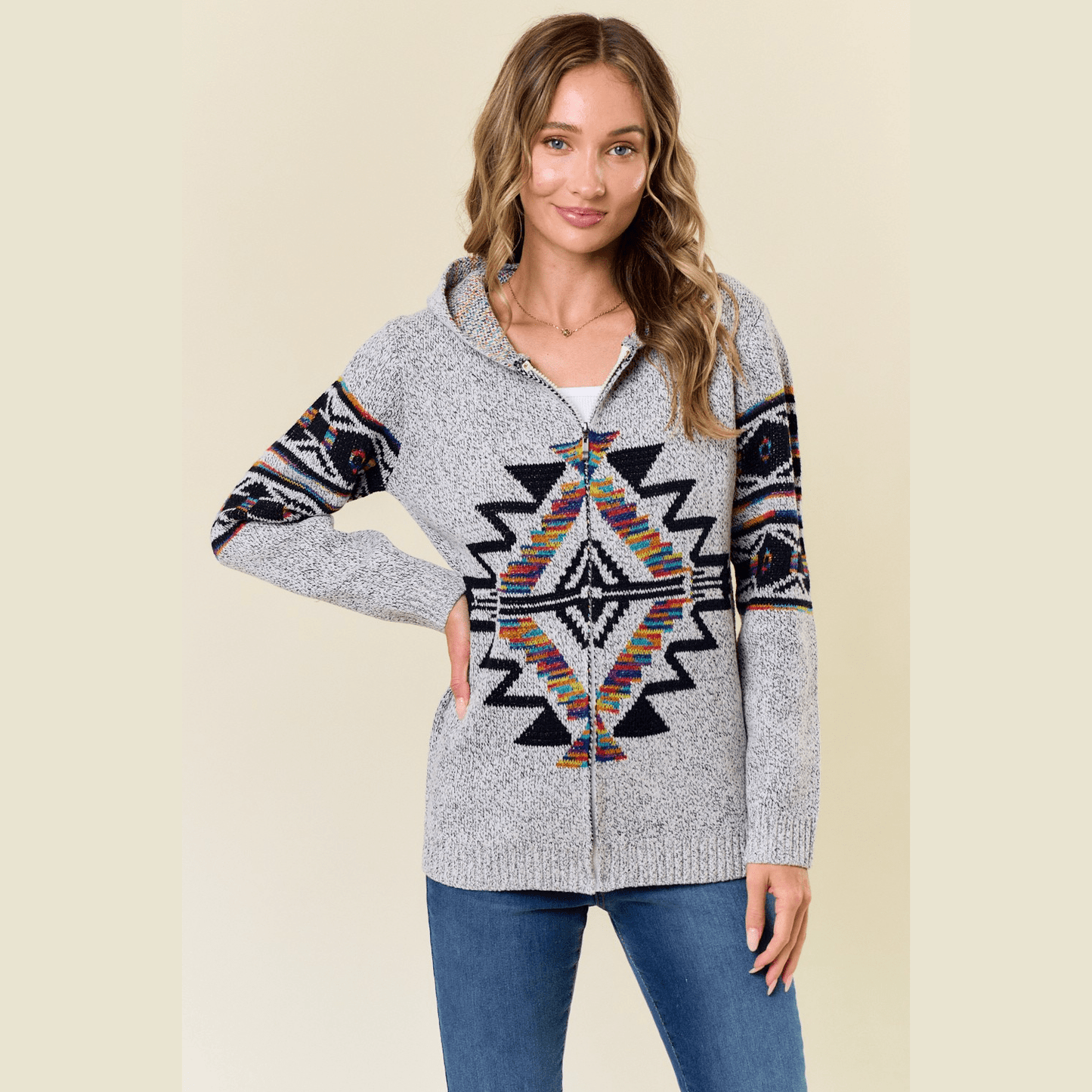 Hooded Marled Boho Print Zip Front Cardigan